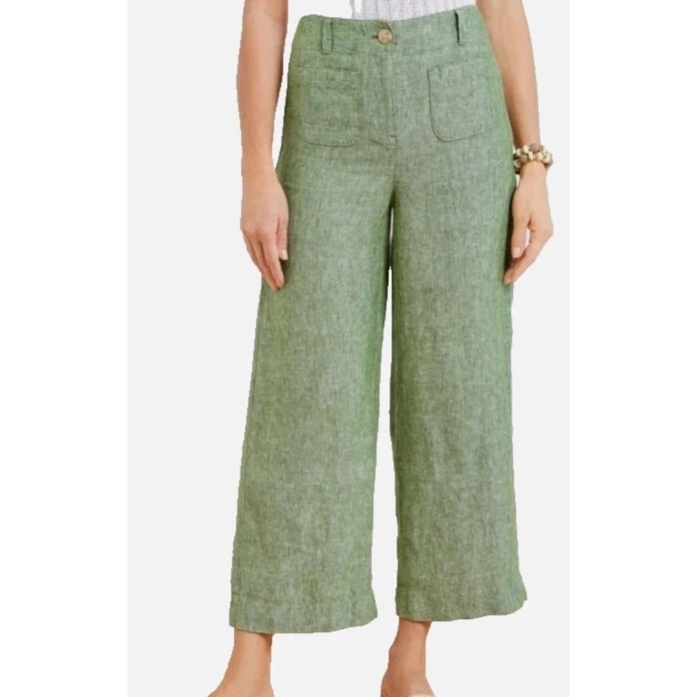 Talbots Wide Leg Crop Patch Pocket 100% Linen Palazzo Pants Green Size 14